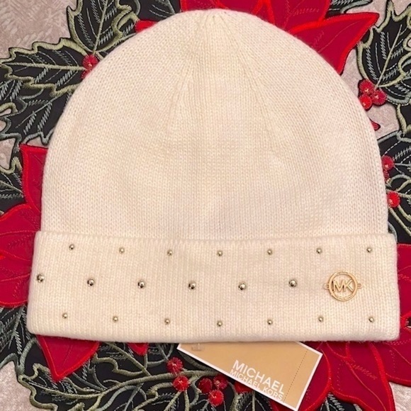 Brand New Michael Kors Cream Knit Beanie Hat w/ Gold Tone Metal Logo & Studs main image 11